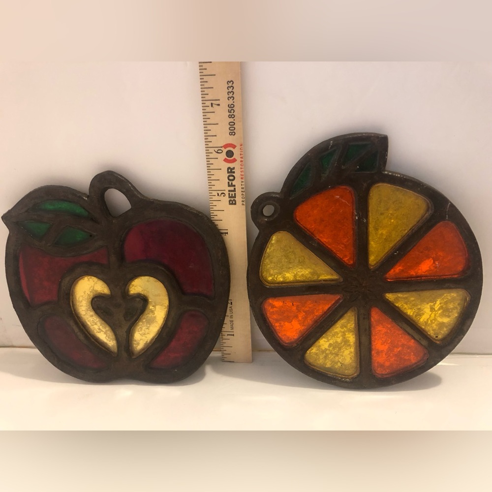 Vintage Enesco Stained Glass Apple and Orange Trivets